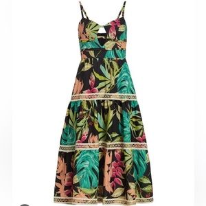 PatBO Tropicalia Floral Jute-trim Midi Dress-Black